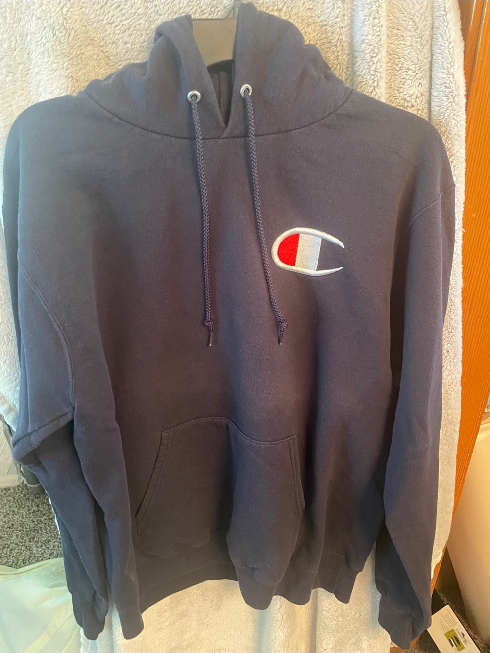 Champion Navy Crewneck Hoodie with Red & White Logo